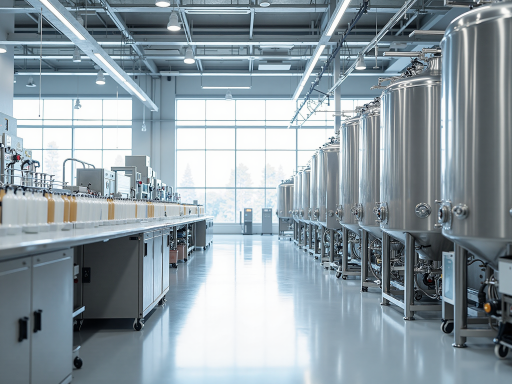 现代化食用油生产车间内部,整齐排列的生产设备,工作人员穿着工作服在操作设备,干净整洁的工业环境