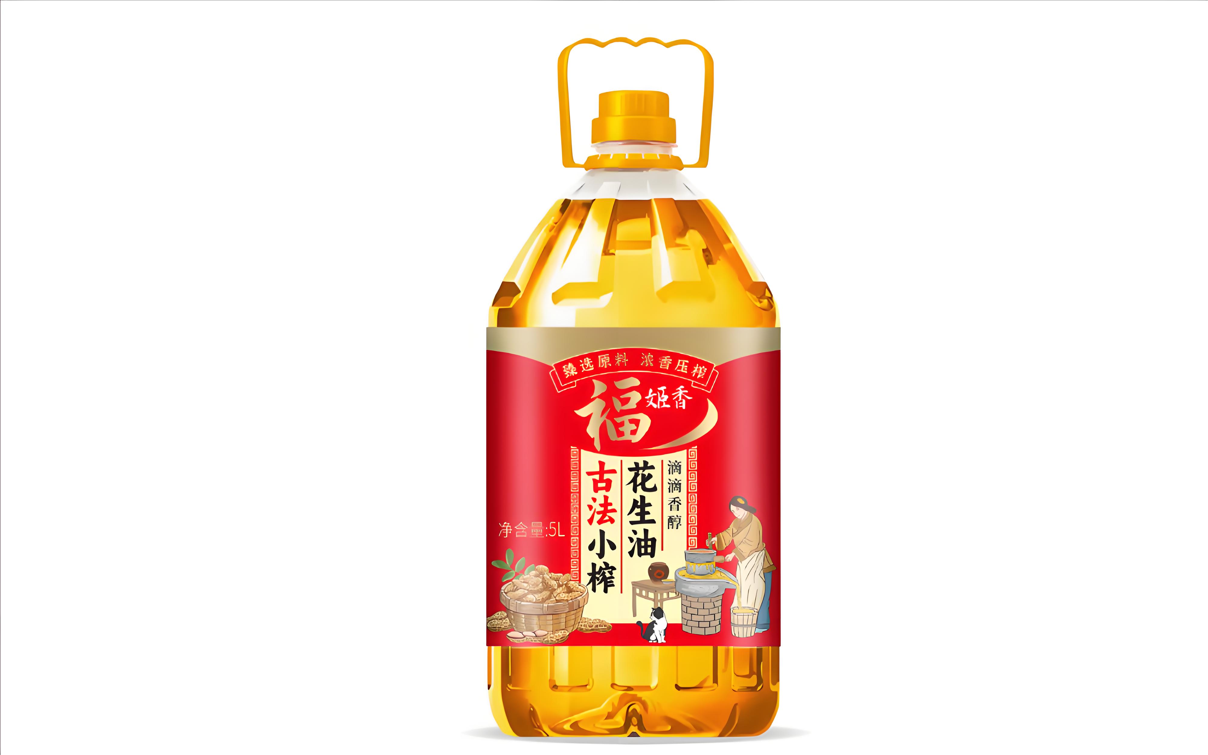 鲁姬花调和油产品包装,透明大容量瓶装混合植物油,标签显示多种植物油配比信息,适合家庭日常使用