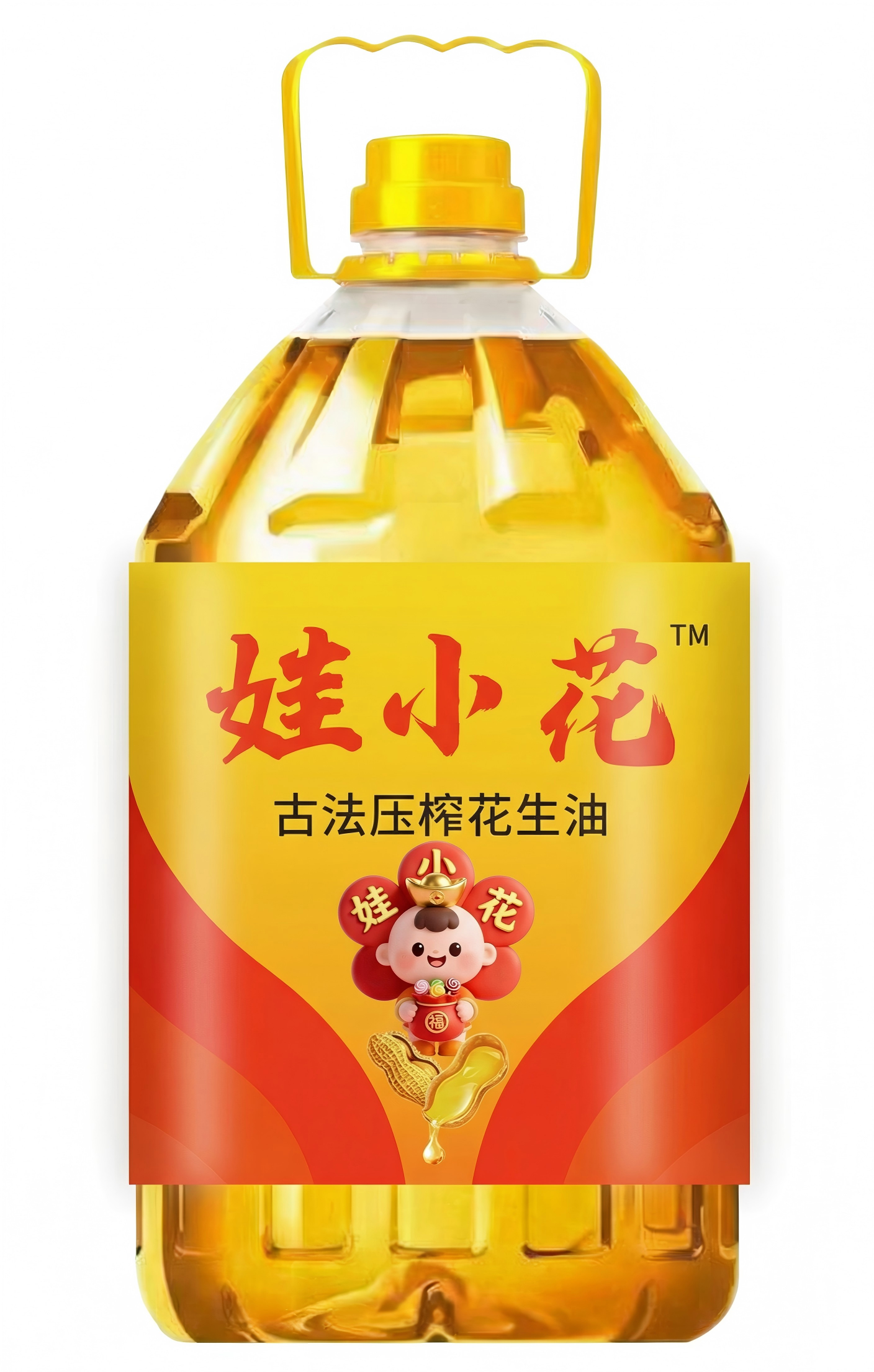 鲁姬花调和油产品包装,透明大容量瓶装混合植物油,标签显示多种植物油配比信息,适合家庭日常使用